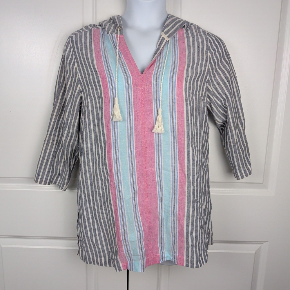 Tommy Bahama Womens Linen Cotton Striped Hooded Tunic Pink Blue Medium Coastal